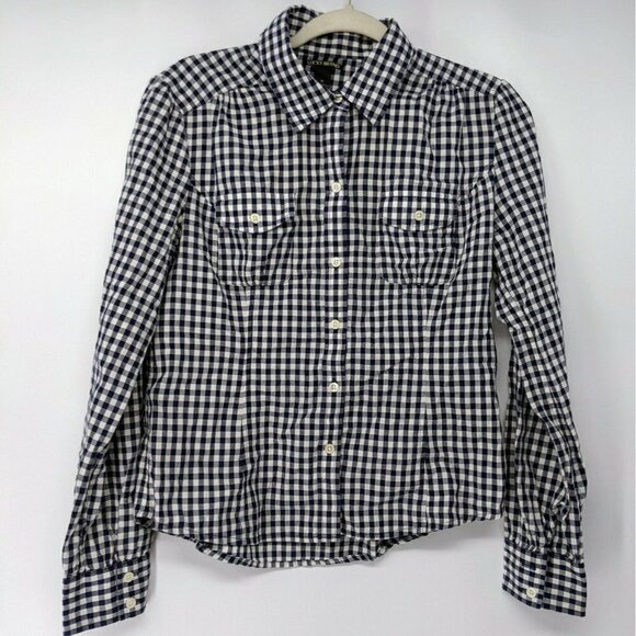 Lucky Brand Button Up Shirt Women's Sz Medium Blue White Check Cotton - Picture 1 of 7